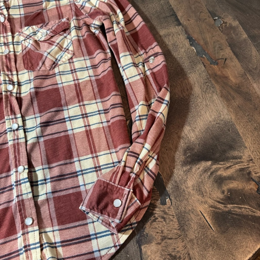 Womens Passport Maroon Plaid Pearl Snap Shirt Size S Western Adjustable Sleeves‎ - Picture 5 of 14
